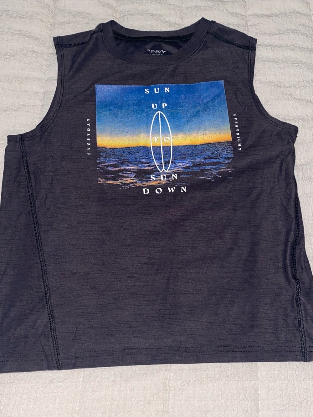 Old Navy Black Tank with Blue & Yellow Sunset Surf Graphic